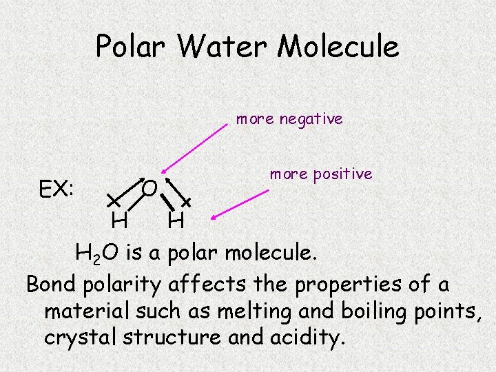 Polar Water Molecule more negative EX: O more positive H H H 2 O