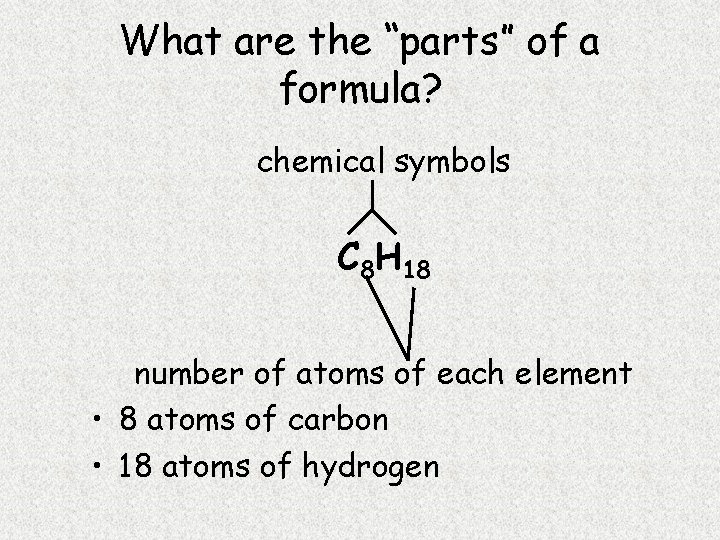 What are the “parts” of a formula? chemical symbols C 8 H 18 number