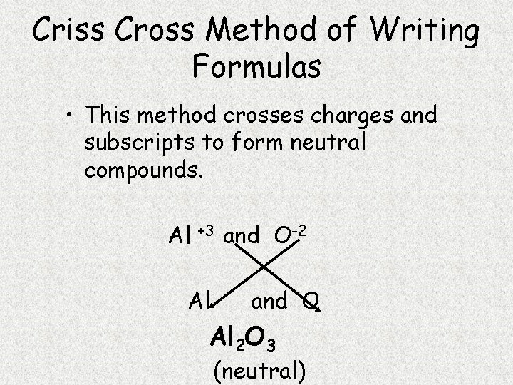 Criss Cross Method of Writing Formulas • This method crosses charges and subscripts to