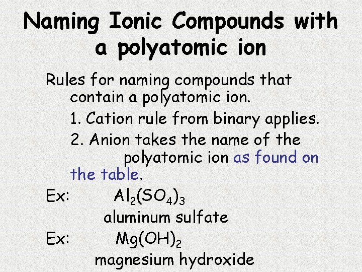 Naming Ionic Compounds with a polyatomic ion Rules for naming compounds that contain a