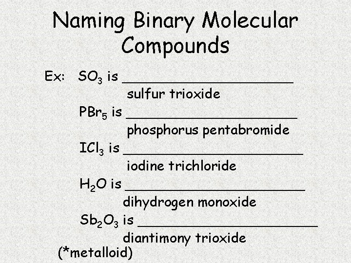 Naming Binary Molecular Compounds Ex: SO 3 is __________ sulfur trioxide PBr 5 is