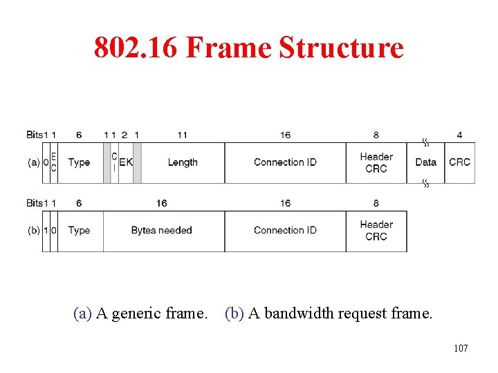 802. 16 Frame Structure (a) A generic frame. (b) A bandwidth request frame. 107