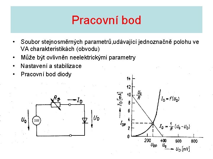 Pracovní bod • Soubor stejnosměrných parametrů, udávající jednoznačně polohu ve VA charakteristikách (obvodu) •