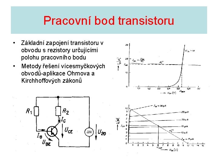 Pracovní bod transistoru • Základní zapojení transistoru v obvodu s rezistory určujícími polohu pracovního