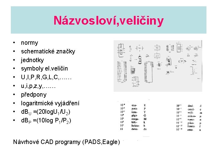 Názvosloví, veličiny • • • normy schematické značky jednotky symboly el. veličin U, I,