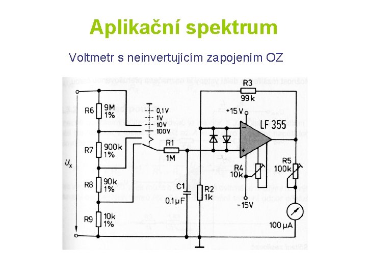 Aplikační spektrum Voltmetr s neinvertujícím zapojením OZ 