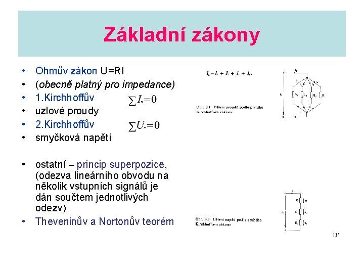 Základní zákony • • • Ohmův zákon U=RI (obecně platný pro impedance) 1. Kirchhoffův