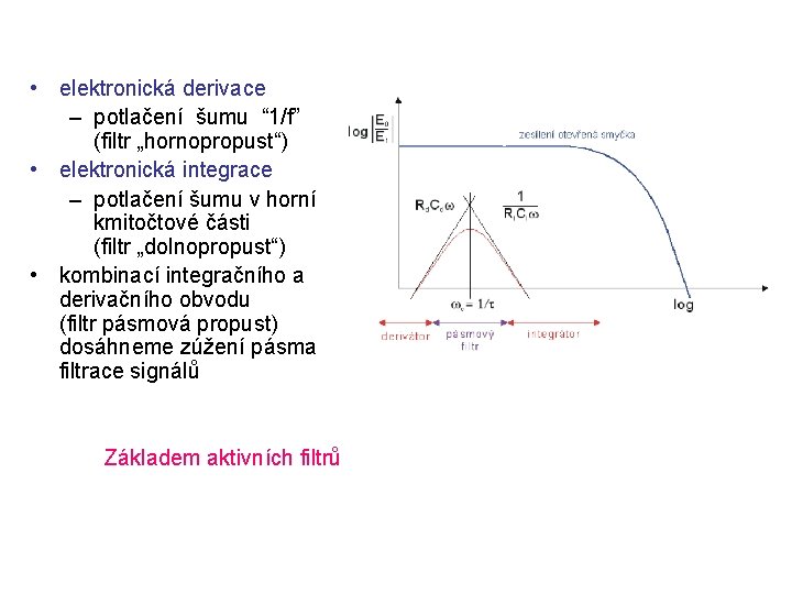  • elektronická derivace – potlačení šumu “ 1/f” (filtr „hornopropust“) • elektronická integrace