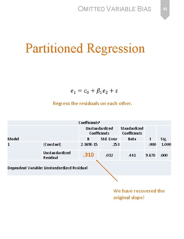 OMITTED VARIABLE BIAS 42 Partitioned Regression Regress the residuals on each other. Model 1