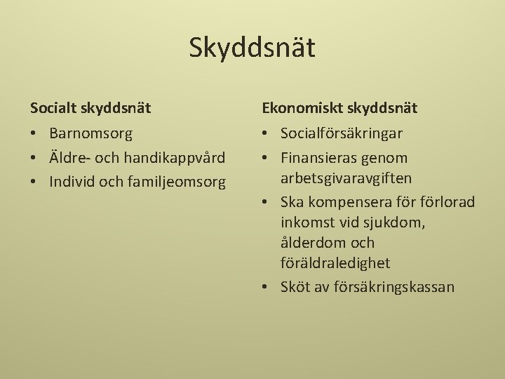 Skyddsnät Socialt skyddsnät Ekonomiskt skyddsnät • Barnomsorg • Äldre- och handikappvård • Individ och