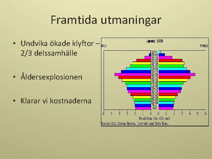 Framtida utmaningar • Undvika ökade klyftor – 2/3 delssamhälle • Åldersexplosionen • Klarar vi