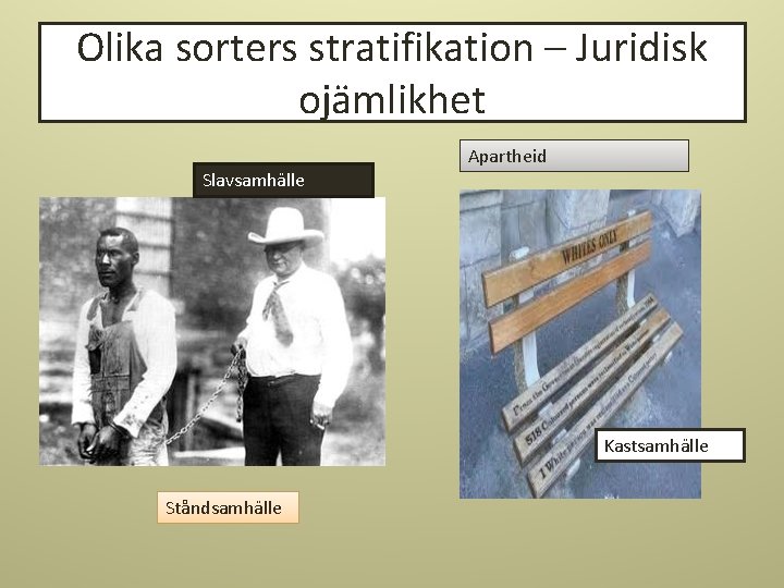 Olika sorters stratifikation – Juridisk ojämlikhet Apartheid Slavsamhälle Kastsamhälle Ståndsamhälle 