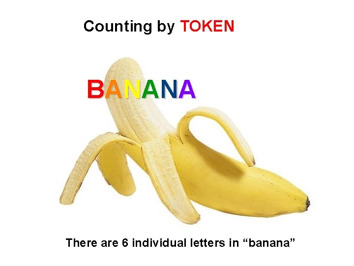 Counting by TOKEN BANANA There are 6 individual letters in “banana” 