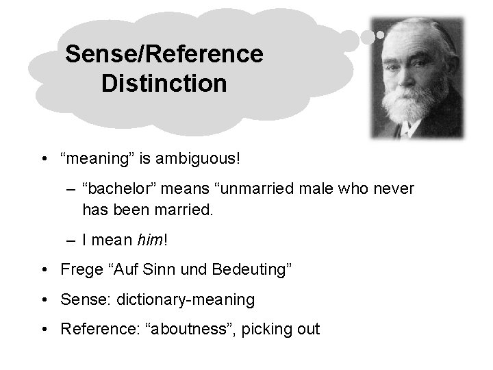 Sense/Reference Distinction • “meaning” is ambiguous! – “bachelor” means “unmarried male who never has