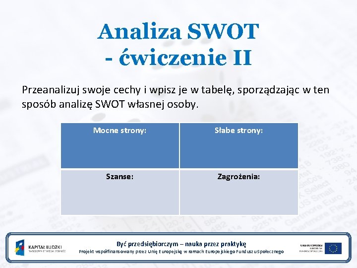 Analiza SWOT - ćwiczenie II Przeanalizuj swoje cechy i wpisz je w tabelę, sporządzając