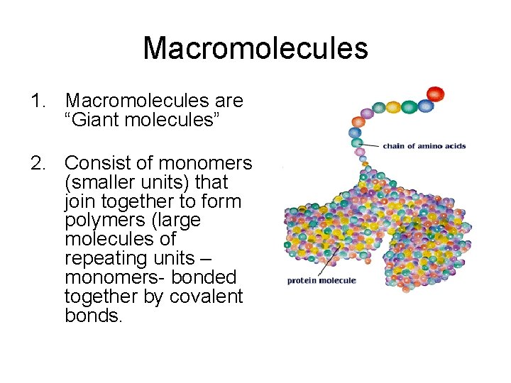 Macromolecules 1. Macromolecules are “Giant molecules” 2. Consist of monomers (smaller units) that join