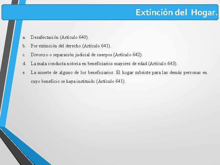 Extinción del Hogar. a. Desafectación (Artículo 640). b. Por extinción del derecho (Artículo 641).