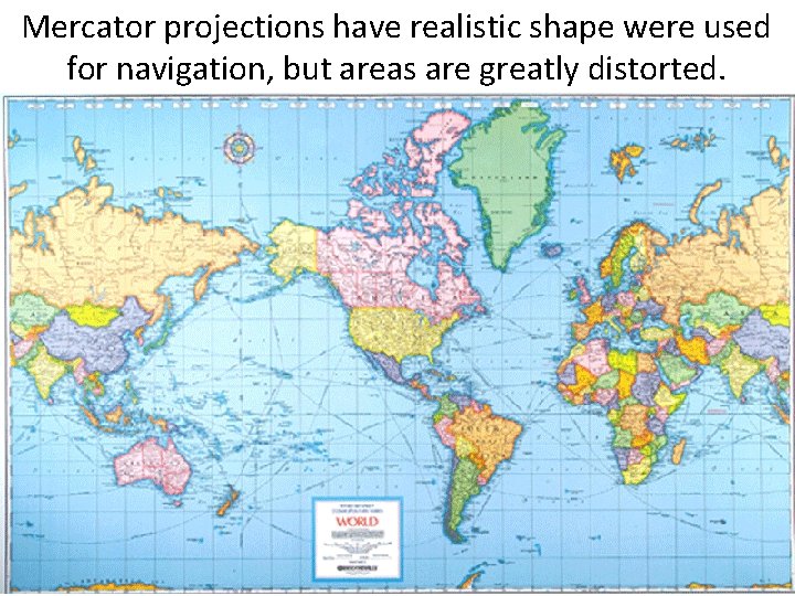 Mercator projections have realistic shape were used for navigation, but areas are greatly distorted.