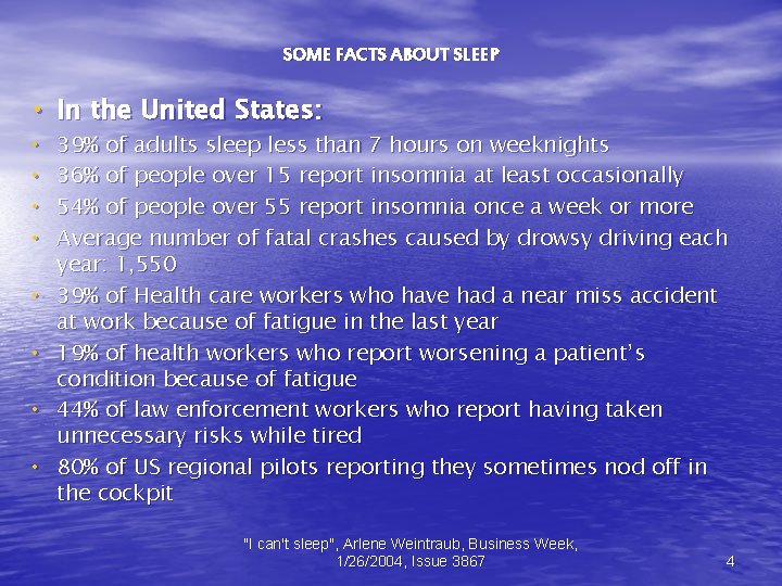 SOME FACTS ABOUT SLEEP • In the United States: • • 39% of adults
