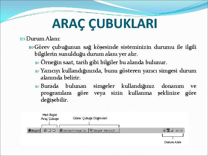 ARAÇ ÇUBUKLARI Durum Alanı: Görev çubuğunun sağ köşesinde sisteminizin durumu ile ilgili bilgilerin sunulduğu