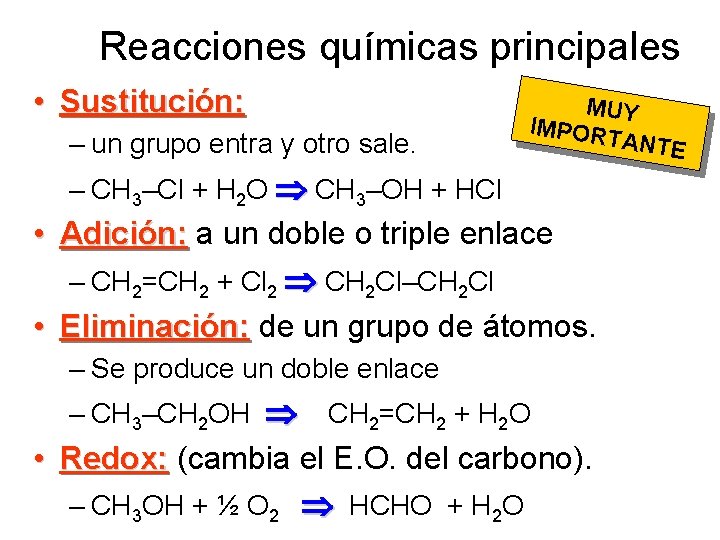 Reacciones químicas principales • Sustitución: – un grupo entra y otro sale. MUY IMPOR