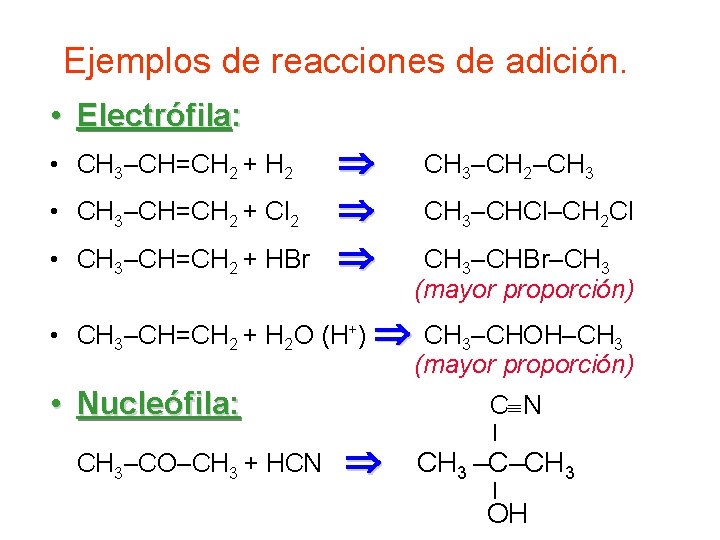 Ejemplos de reacciones de adición. • Electrófila: • CH 3–CH=CH 2 + H 2