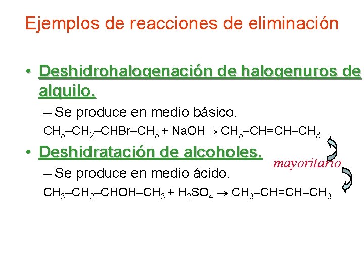 Ejemplos de reacciones de eliminación • Deshidrohalogenación de halogenuros de alquilo. – Se produce