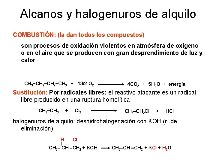 Alcanos y halogenuros de alquilo COMBUSTIÓN: (la dan todos los compuestos) son procesos de