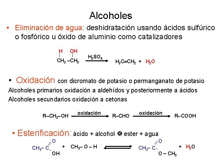 Alcoholes • Eliminación de agua: deshidratación usando ácidos sulfúrico o fosfórico u óxido de