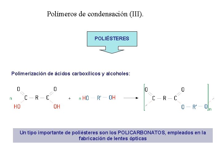 Polímeros de condensación (III). POLIÉSTERES Polimerización de ácidos carboxílicos y alcoholes: Un tipo importante Polímeros de condensación (III). POLIÉSTERES Polimerización de ácidos carboxílicos y alcoholes: Un tipo importante