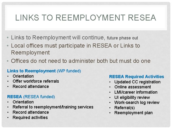 LINKS TO REEMPLOYMENT RESEA • Links to Reemployment will continue, future phase out • LINKS TO REEMPLOYMENT RESEA • Links to Reemployment will continue, future phase out •