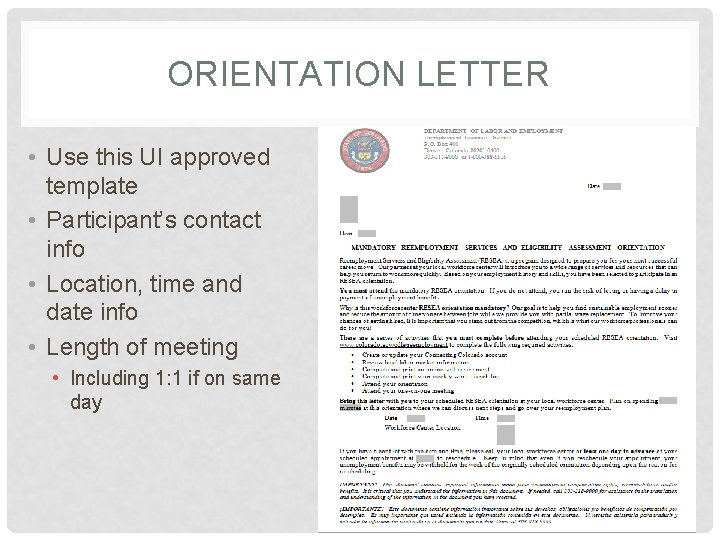 ORIENTATION LETTER • Use this UI approved template • Participant’s contact info • Location, ORIENTATION LETTER • Use this UI approved template • Participant’s contact info • Location,