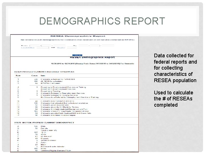 DEMOGRAPHICS REPORT Data collected for federal reports and for collecting characteristics of RESEA population DEMOGRAPHICS REPORT Data collected for federal reports and for collecting characteristics of RESEA population