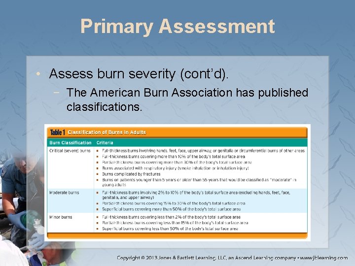 Primary Assessment • Assess burn severity (cont’d). − The American Burn Association has published