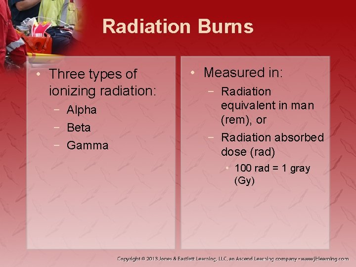 Radiation Burns • Three types of ionizing radiation: − Alpha − Beta − Gamma