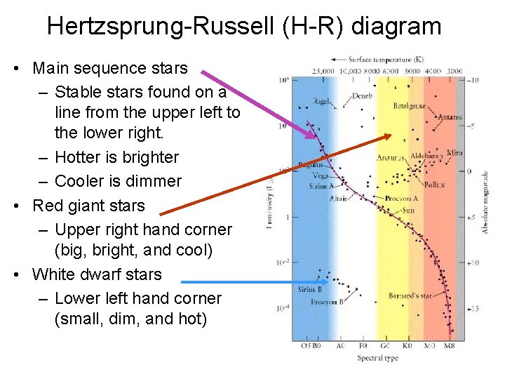 Hertzsprung-Russell (H-R) diagram • Main sequence stars – Stable stars found on a line