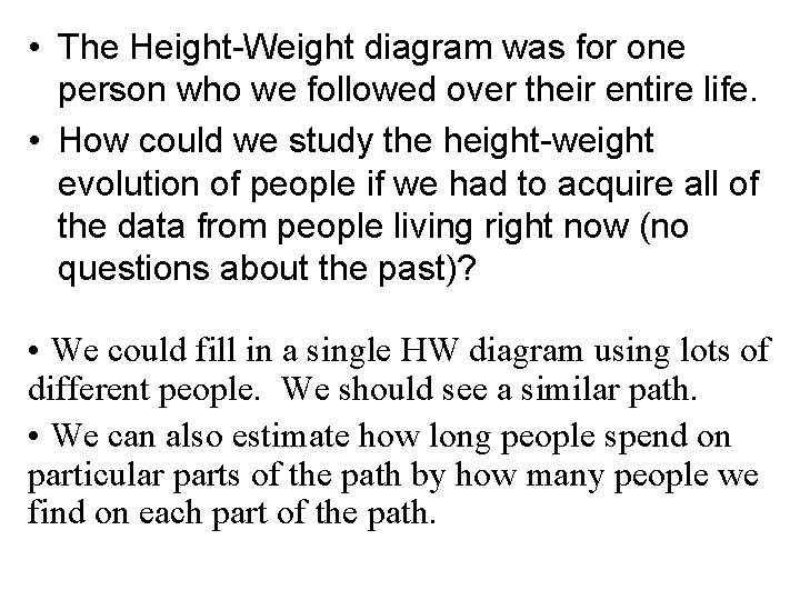  • The Height-Weight diagram was for one person who we followed over their