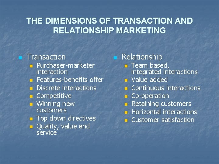 THE DIMENSIONS OF TRANSACTION AND RELATIONSHIP MARKETING n Transaction n n n Purchaser-marketer interaction