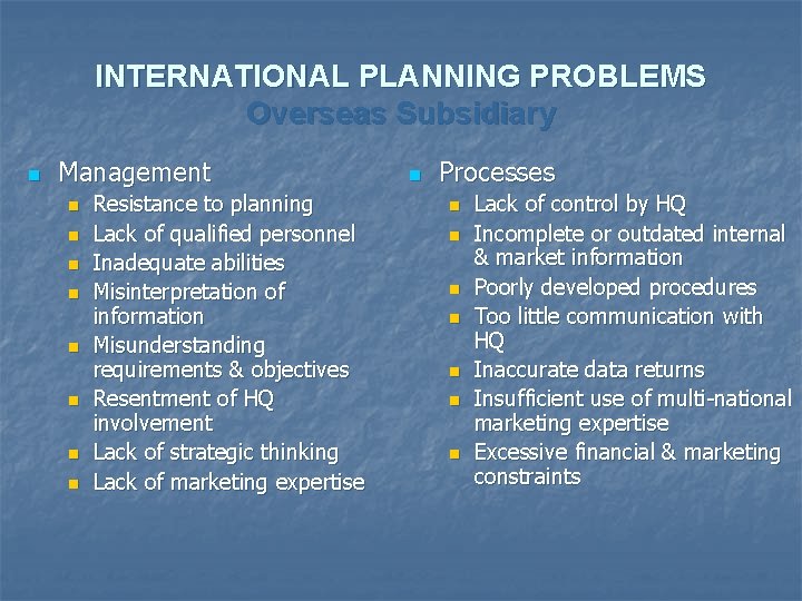 INTERNATIONAL PLANNING PROBLEMS Overseas Subsidiary n Management n n n n Resistance to planning