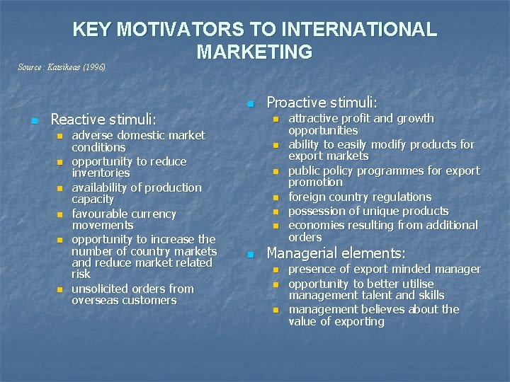 KEY MOTIVATORS TO INTERNATIONAL MARKETING Source: Katsikeas (1996) n Reactive stimuli: n n n