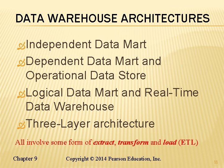 DATA WAREHOUSE ARCHITECTURES Independent Data Mart Dependent Data Mart and Operational Data Store Logical DATA WAREHOUSE ARCHITECTURES Independent Data Mart Dependent Data Mart and Operational Data Store Logical