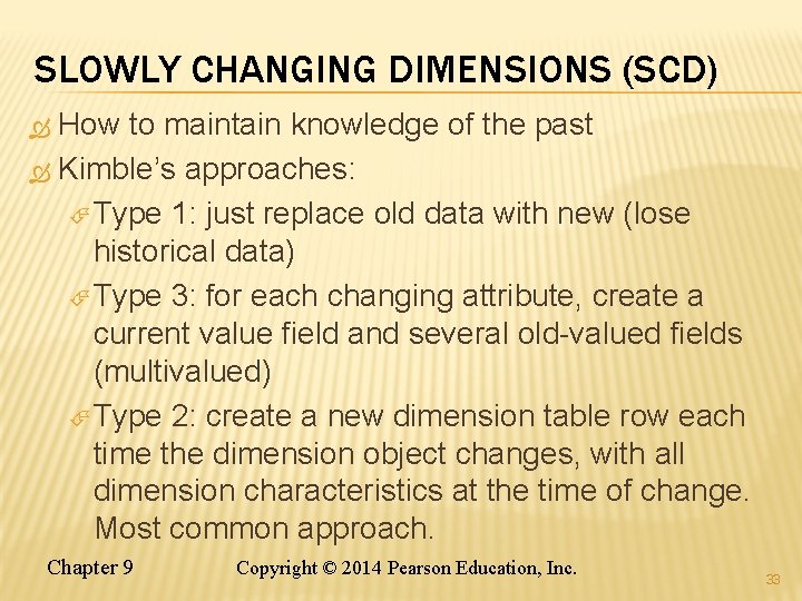 SLOWLY CHANGING DIMENSIONS (SCD) How to maintain knowledge of the past Kimble’s approaches: Type SLOWLY CHANGING DIMENSIONS (SCD) How to maintain knowledge of the past Kimble’s approaches: Type