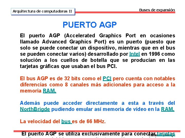 Arquitectura de computadoras II Buses de expansión PUERTO AGP El puerto AGP (Accelerated Graphics