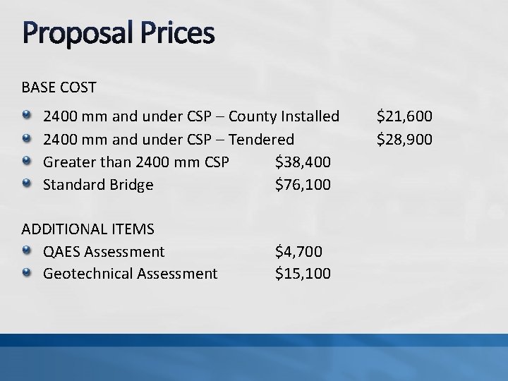 Proposal Prices BASE COST 2400 mm and under CSP – County Installed 2400 mm