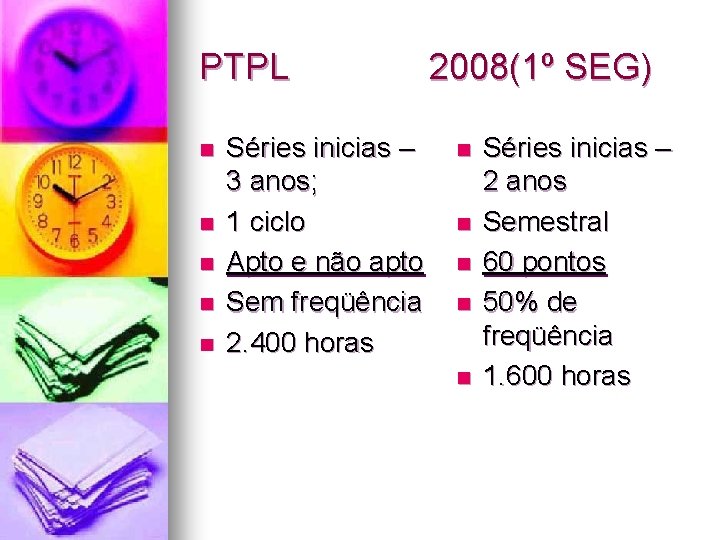 PTPL n n n Séries inicias – 3 anos; 1 ciclo Apto e não