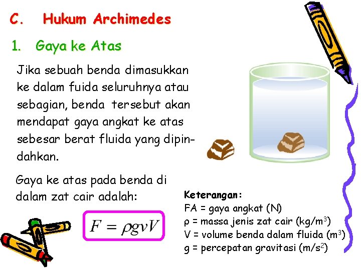 C. Hukum Archimedes 1. Gaya ke Atas Jika sebuah benda dimasukkan ke dalam fuida