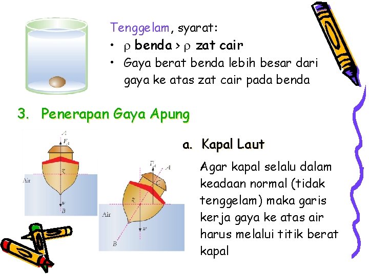 Tenggelam, syarat: • benda > zat cair • Gaya berat benda lebih besar dari