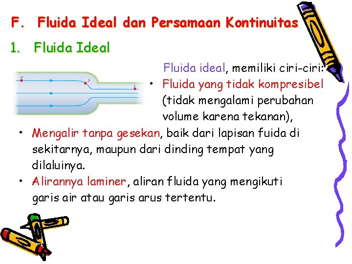 F. Fluida Ideal dan Persamaan Kontinuitas 1. Fluida Ideal Fluida ideal, memiliki ciri-ciri: •