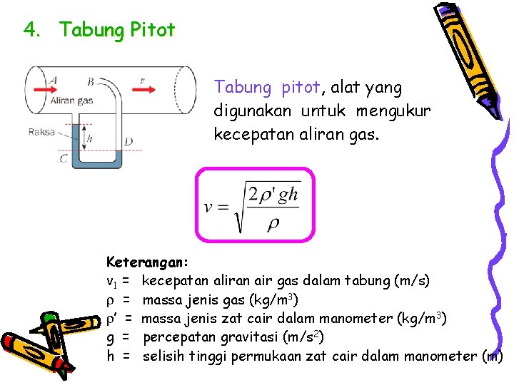 4. Tabung Pitot Tabung pitot, alat yang digunakan untuk mengukur kecepatan aliran gas. Keterangan: