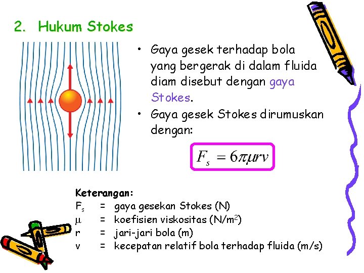 2. Hukum Stokes • Gaya gesek terhadap bola yang bergerak di dalam fluida diam